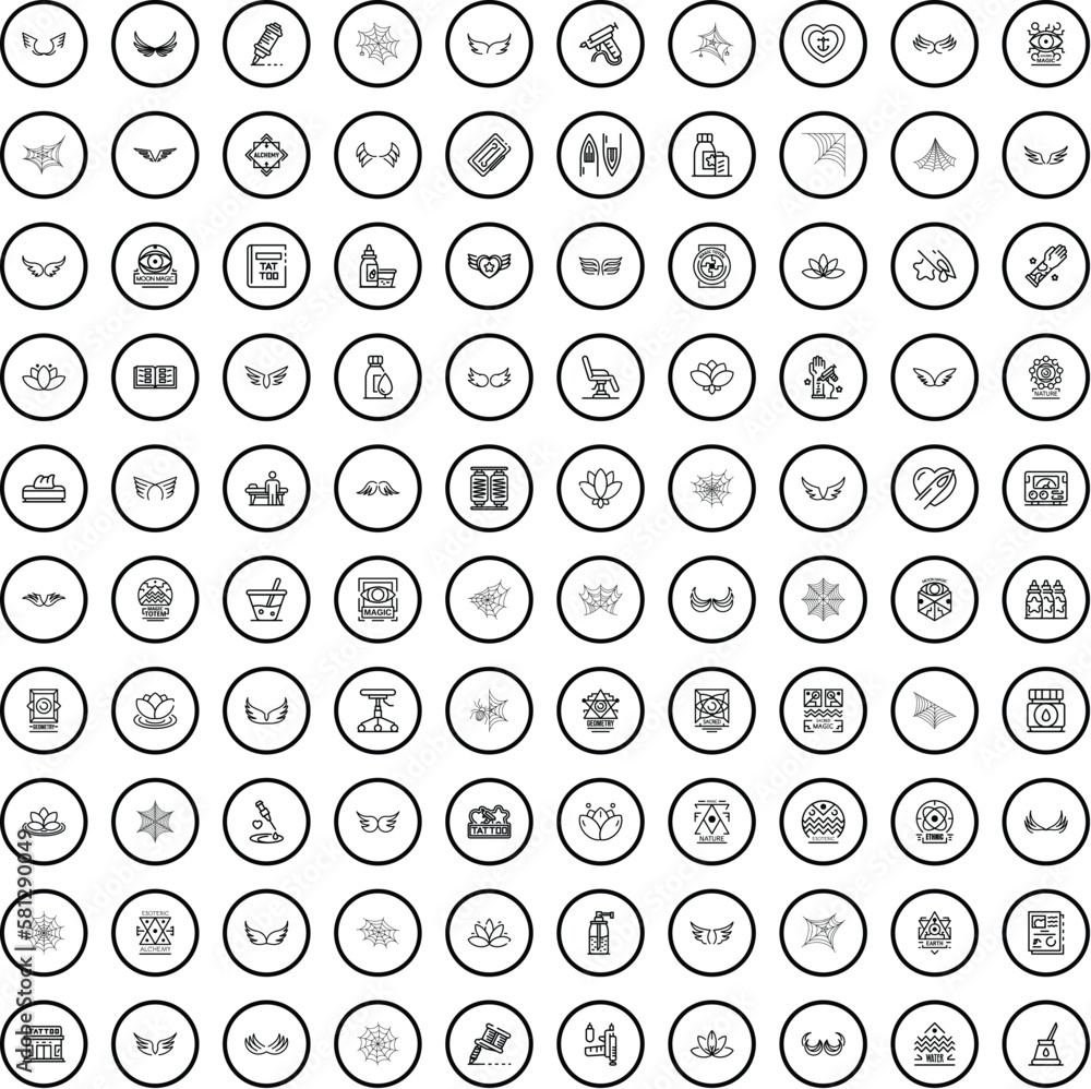 100 tattoo icons set. Outline illustration of 100 tattoo icons vector set isolated on white background
