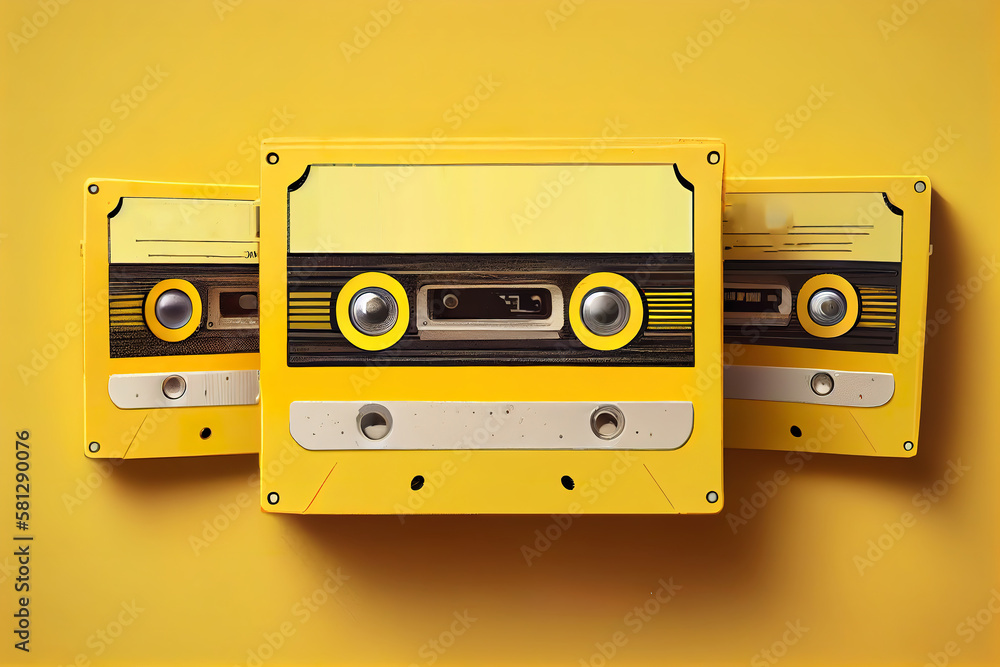 Surprising Inscription music day with old cassettes on a yellow background. Generative Ai Surprising Inscription music day with old cassettes on a yellow background. Generative Ai