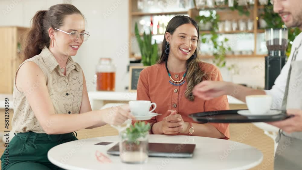 Friends at cafe, waiter with coffee and relax together, happy people and thanks with bonding and reunion. Happiness, excited and friendship date with hot drink and smile with female customer Friends at cafe, waiter with coffee and relax together, happy people and thanks with bonding and reunion. Happiness, excited and friendship date with hot drink and smile with female customer