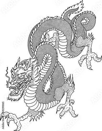 Traditional Japanese dragon with cherry blossom and wave for tattoo design.Hand drawn Chinese dragon for printing on shirt.Beautiful line art of dragon vector for painting on white isolated background