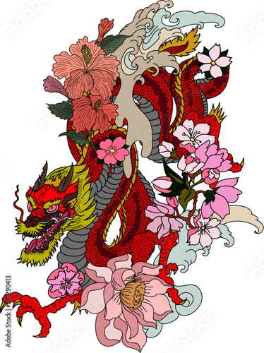 Traditional Japanese dragon with cherry blossom and wave for tattoo design.Hand drawn Chinese dragon for printing on shirt.Beautiful line art of dragon vector for painting on white isolated background