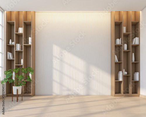 Fototapeta Naklejka Na Ścianę i Meble -  Minimalism empty room with wood bookshelf and white slatted wall. 3d rendering