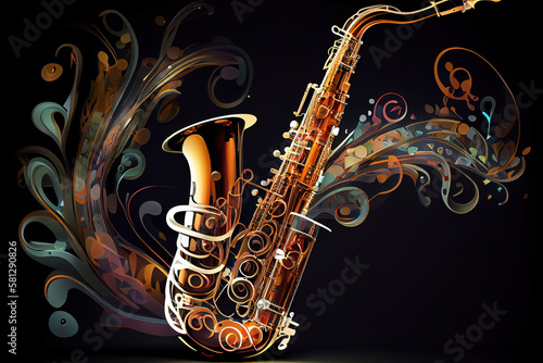 saxophone made with watercolor brush strokes and musical notes. Generative Ai