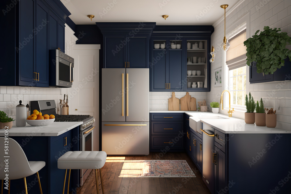 a modern kitchen with a navy blue and white color scheme. The kitchen ...