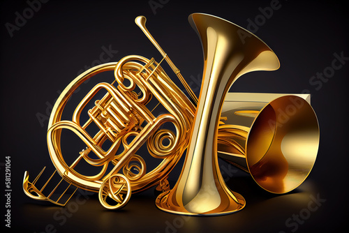 illustration of majestic treble clef music string instrument in gold colors. Generative Ai photo