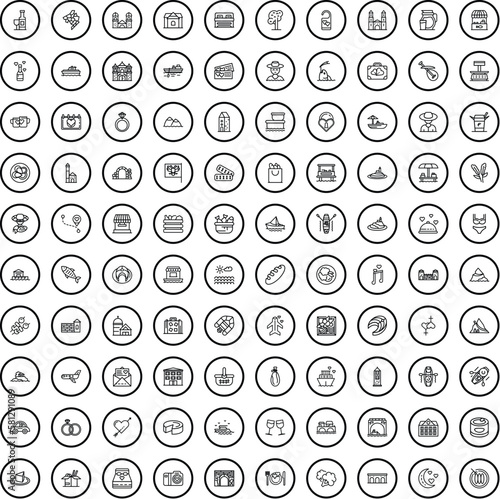 100 tourism icons set. Outline illustration of 100 tourism icons vector set isolated on white background