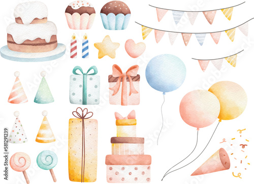 Watercolor illustration set of Birthday party elements