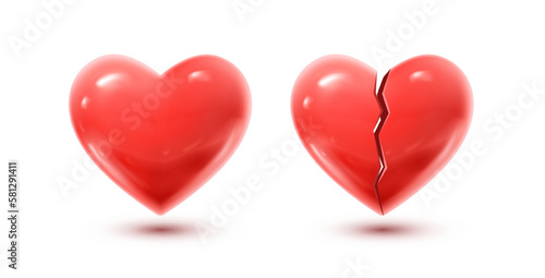 3d realistic vector icon set. Read heart whole and cracked, broken. Isolated.