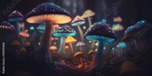 Digital Illustration of a Magical Fantasy Glowing Mushrooms in a Forest Setting. Concept Illustration, Magic Mystery and the Unknown. Made in part with generative AI.  © Carl & Heidi