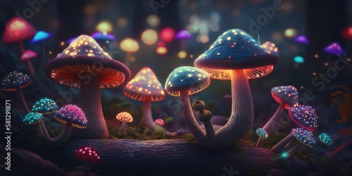Digital Illustration of a Magical Fantasy Glowing Mushrooms in a Forest Setting. Concept Illustration, Magic Mystery and the Unknown. Made in part with generative AI. 