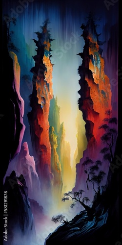 Canvastavla painting mountain scene tree foreground syd mead australian outback tall golden
