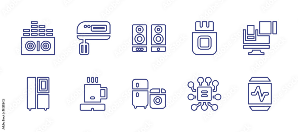 Electronics line icon set. Editable stroke. Vector illustration. Containing electronic, mixer, speaker, flash drive, electronics, heater, home appliance, circuit, smartwatch.