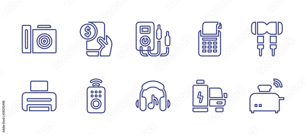 Electronics line icon set. Editable stroke. Vector illustration. Containing digital camera, donation, multimeter, payment terminal, earphones, print, remote control, music, car battery, toaster.