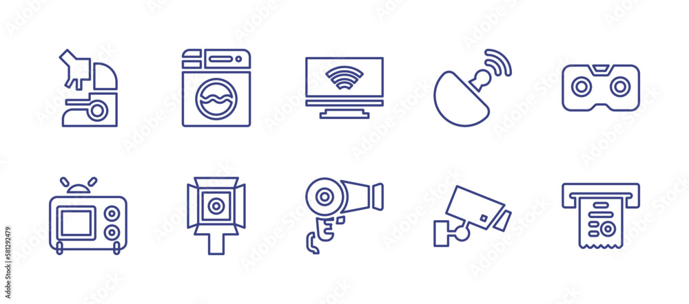 Electronics line icon set. Editable stroke. Vector illustration. Containing microscope, washing machine, smart tv, satellite, vr glasses, tv, electronics, dryer, cctv, invoice.