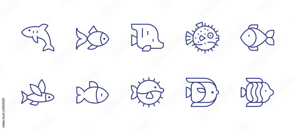 Fish line icon set. Editable stroke. Vector illustration. Containing shark, fish, puffer fish, flying fish, tropical fish.