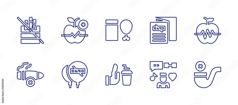 Healthy lifestyle line icon set. Editable stroke. Vector illustration. Containing no cigarettes, wellness, food, brochure, no cigar, balloons, no soft drink, life style, no smoking.