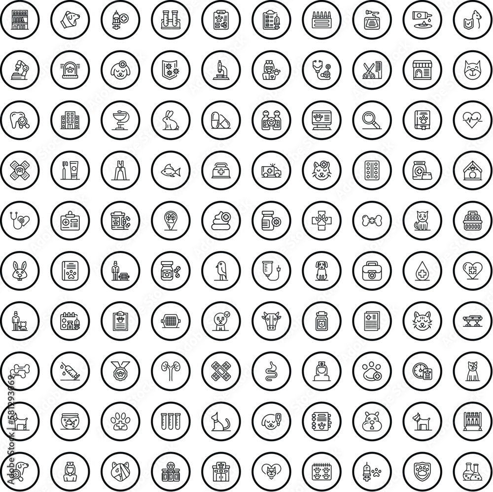 100 veterinary icons set. Outline illustration of 100 veterinary icons vector set isolated on white background 100 veterinary icons set. Outline illustration of 100 veterinary icons vector set isolated on white background