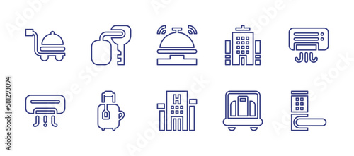 Hotel line icon set. Editable stroke. Vector illustration. Containing food cart, room key, hotel bell, hotel, air conditioner, suitcase, luggage cart, handle.