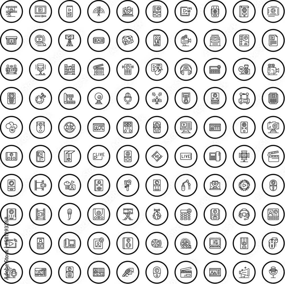 100 video icons set. Outline illustration of 100 video icons vector set isolated on white background