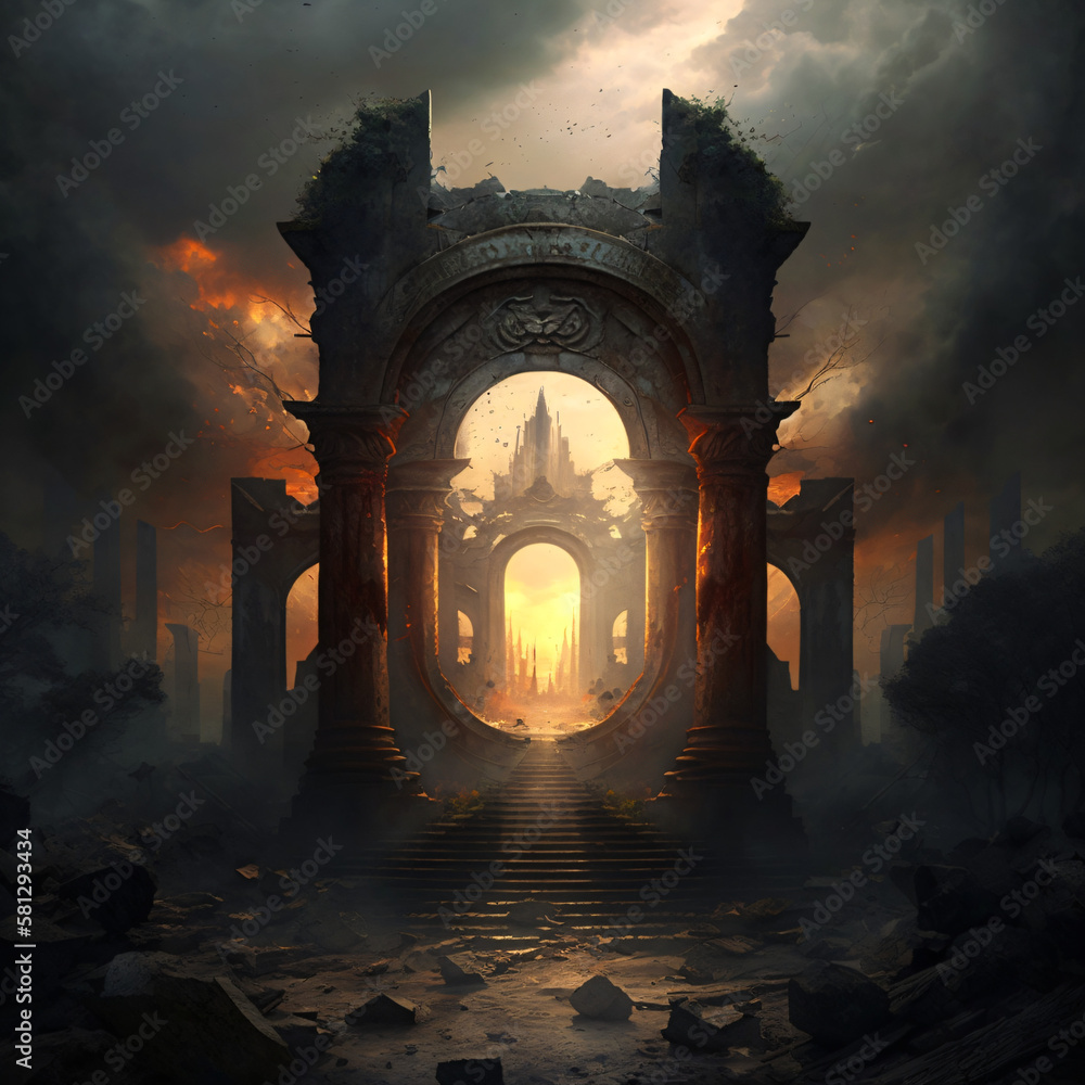 portal ruins fantasy landscape illustration Generative Ai