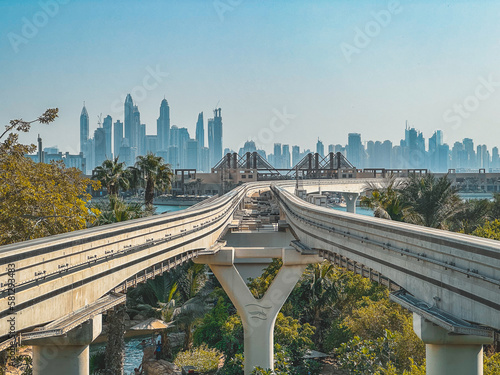 View from the promenade and tram monorail in The Palm Jumeirah island in Dubai, UAE photo