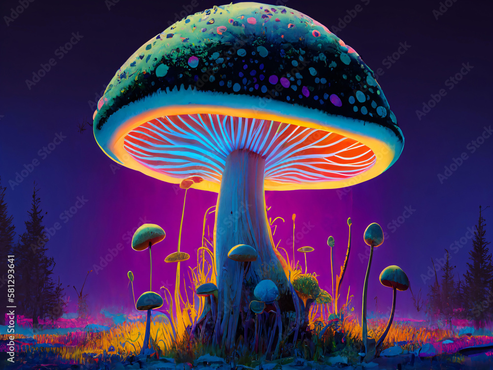 Surreal Giant Neon Mushroom in the Night Sky, AI Generated Art Surreal Giant Neon Mushroom in the Night Sky, AI Generated Art