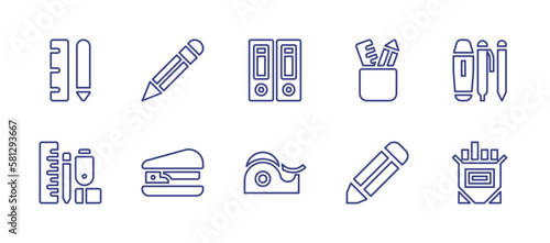 Stationery line icon set. Editable stroke. Vector illustration. Containing stationery, pencil, files, stapler, scotch tape, chalk.