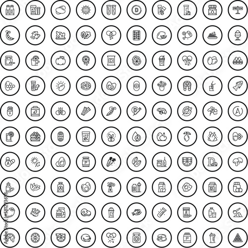100 vitamin icons set. Outline illustration of 100 vitamin icons vector set isolated on white background