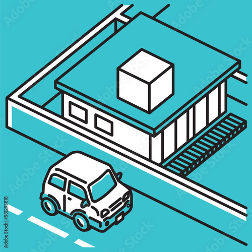 一軒家の建物と道路に駐車する軽自動車