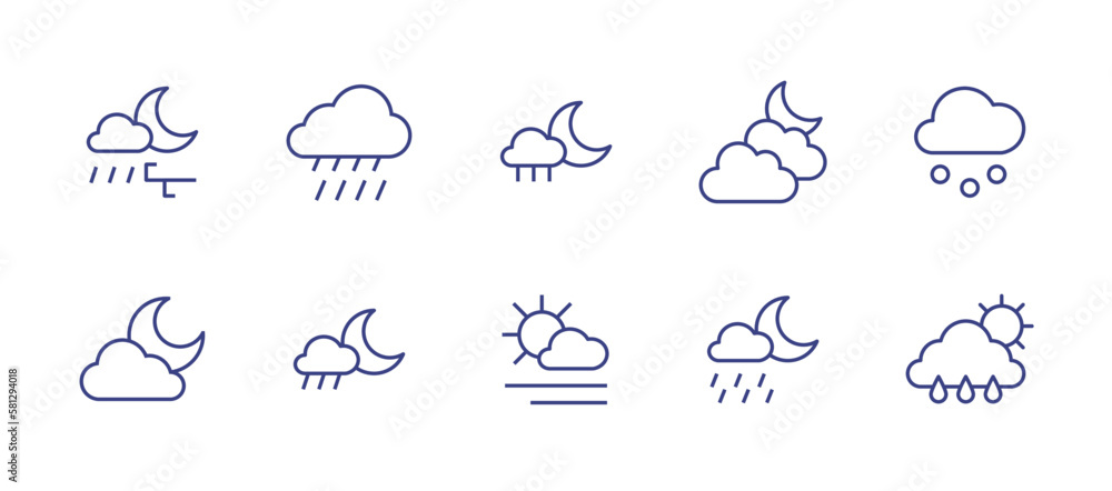 Weather line icon set. Editable stroke. Vector illustration. Containing night windy shower, rainy, night rain, cloudy night, hail, shower night, sunny fog, drizzle night, rainy day.
