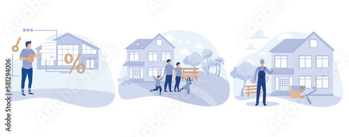 Private and commercial property market concept, Real estate agency, family house, house renovation, home ownership, property value, set flat vector modern illustration