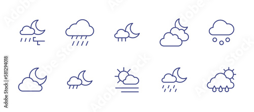 Weather line icon set. Editable stroke. Vector illustration. Containing night windy shower, rainy, night rain, cloudy night, hail, shower night, sunny fog, drizzle night, rainy day.