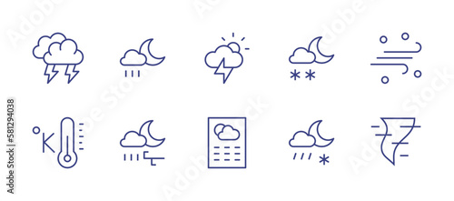Weather line icon set. Editable stroke. Vector illustration. Containing thunderstorm, night rain, storm, night snowing, air pollution, kelvin, night windy rain, weather, night sleet, twister.