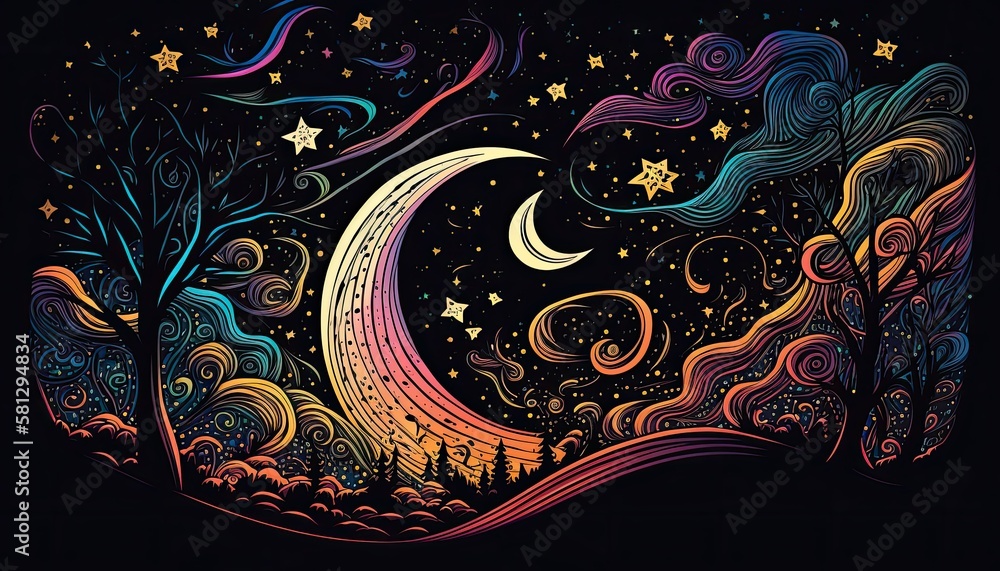 Children's Day Kids Celebration: A starry night sky with a crescent moon and shooting stars , Beautiful Colorful Artistic Designer Background Design Template (generative AI) Children's Day Kids Celebration: A starry night sky with a crescent moon and shooting stars , Beautiful Colorful Artistic Designer Background Design Template (generative AI)