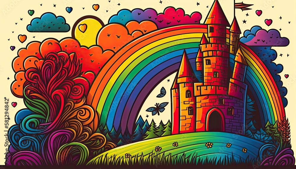Children's Day Kids Celebration: A whimsical castle with a rainbow in the background , Beautiful Colorful Artistic Designer Background Design Template (generative AI)