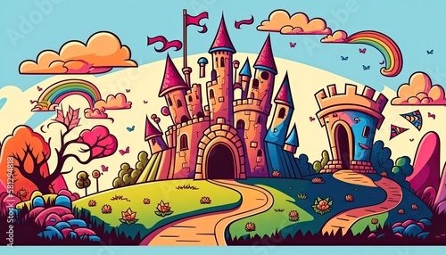 Children's Day Kids Celebration: A fairy tale-themed background with castles, princesses, and dragons , Beautiful Colorful Artistic Designer Background Design Template (generative AI)