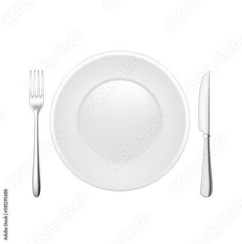 Realistic empty plate with spoon. Knife and fork. Icon 3D file PNG.