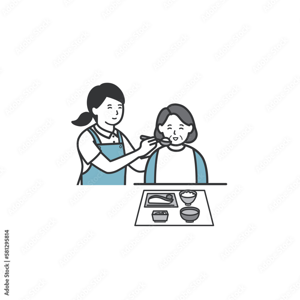 高齢女性の食事を介助する女性介護士のイラスト 高齢女性の食事を介助する女性介護士のイラスト