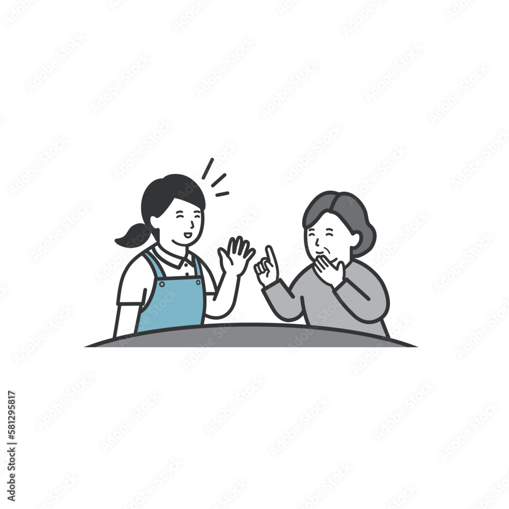 介護士と楽しくおしゃべりする年配女性のイラスト 介護士と楽しくおしゃべりする年配女性のイラスト