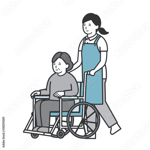 年配女性を車椅子で押す女性介護士のイラスト