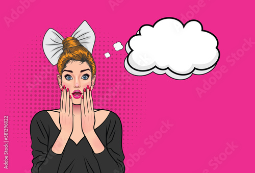 Beautiful pop art woman with wow face holding her hand near her cheek with speech bubble. Sale or sale poster with sexy girl in club.