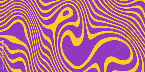 Retro groovy background. Wavy vintage trippy psychedelic wallpaper. Purple yellow liquid hippie texture. Colorful pattern for cover poster in 60s or 70s style. Vector
