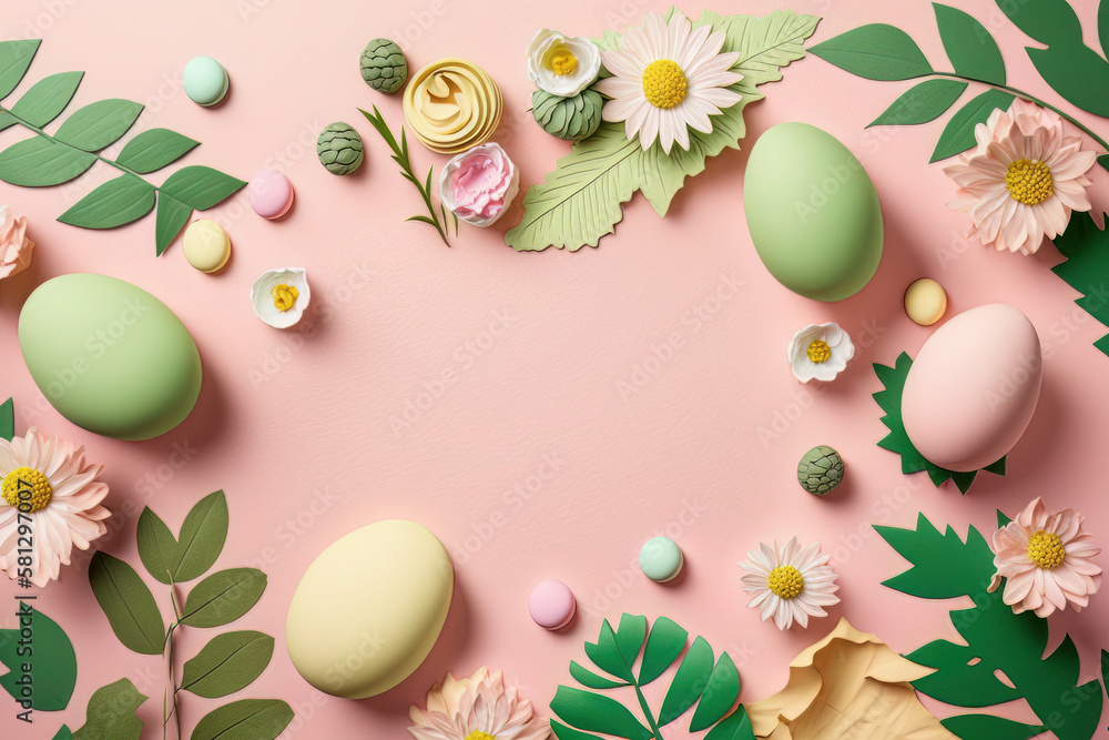 Beautiful Easter border from Easter eggs, flowers and green leaves on pastel pink background Beautiful Easter border from Easter eggs, flowers and green leaves on pastel pink background