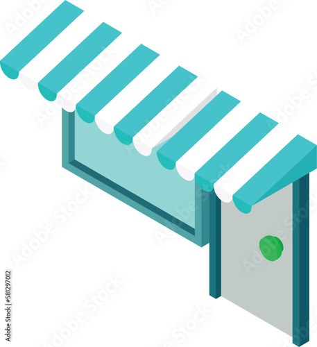 Store entrance icon isometric vector. Front door and window with striped canopy. Exterior, construction and repair concept