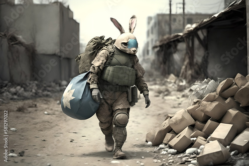 Sad easter bunny trying to find people to give easter eggs to in a war devestated town in Ukraine photo