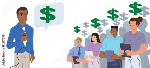 Lecturer man talking about money with the audience. Dollar symbols. Lecture on investment and income. Vector illustration isolated on white background.