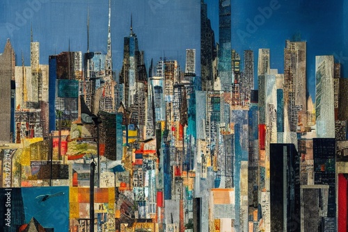 cityscape paper collage, mixed media paper cutoff
