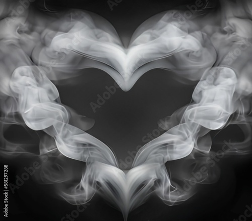 White smoke heart shape on black background. Abstract graphic. AI