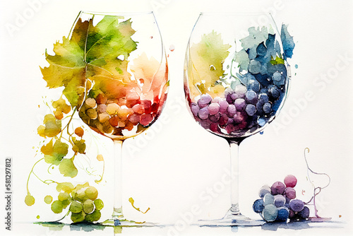gouache glasses with grapes on a white background. Generative AI, Generative, AI