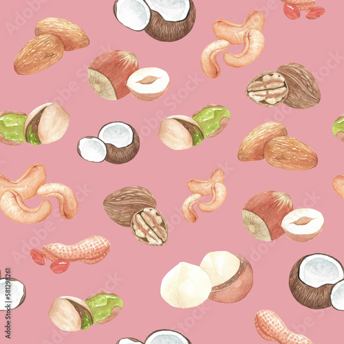 cute  seamless watercolor illustration  background mix colorful mix nut peanut walnut pisrachio almond macadamia coconut  used for background texture, wrapping paper, textile  or wallpaper design